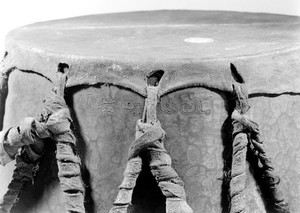 view Kettle drum, West African, close up of inscription