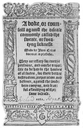 A boke, or counseill against the disease commonly called the sweate, or sweatying sicknesse. Very necessary for everye personne, and muche requisite to be had in the handes of al sortes, for their better instruction, preparacion and defence, against the soubdein comyng, and fearful assaultying of the same disease / [John Caius].