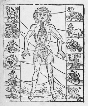 Zodiac man. Showing the parts of the body controlled by the signs of the Zodiac. Der 'Teutsch Kalender'.'Meister Almansor spricht'.