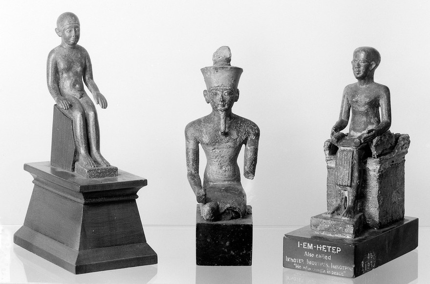 M0017651: Three statues of Ancient Egyptian deities: Harpocrates, Amen Re and Imhotep