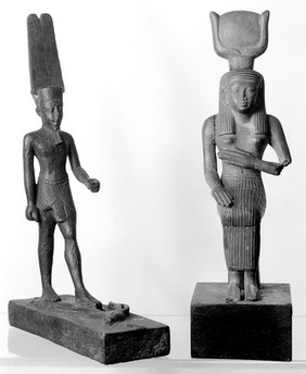 Egyptian deities; Amen Re of bronze, Isis of wood