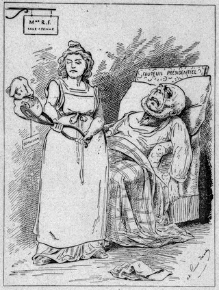 M0017669: Illustration of a midwife holding a newborn baby by the head with forceps, 1887