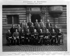 view Edinburgh University Group portrait. Including H.G. Dunbar , C.M. Campbell, A.N. Fell, Alexander Frew, R.G. Gordon, David Hepburn, A.W.M. Harvey, Mathew Holmes, E.B., M.B., Ch.B. Jamieson, E. L. Meynell, John Lovett, William Maclaren, Sir William Turner, K.C.B., William Lilico, B.P. Watson, S.A.K., Wilson, David Waterson, I. Scott, R.E. Russell, A.B. Ross, H.H. Robarts.