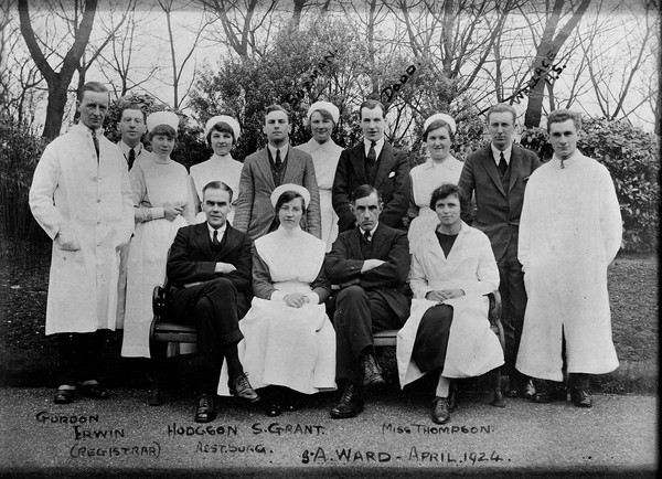 The nursing and medical staff of the S.A. Ward, Newcastle. Grey Turner, Hodgson, S. Grant, Miss Thompson, Gordon Irwin, Sozman, Dodd, Wallace.