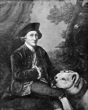 John Hunter, from the picture by Robert Home. The dog is supposed to have been the offspring of a half-breed wolf-bitch and an English mastiff. On a hunterian Festival menu, 14 February 1923.