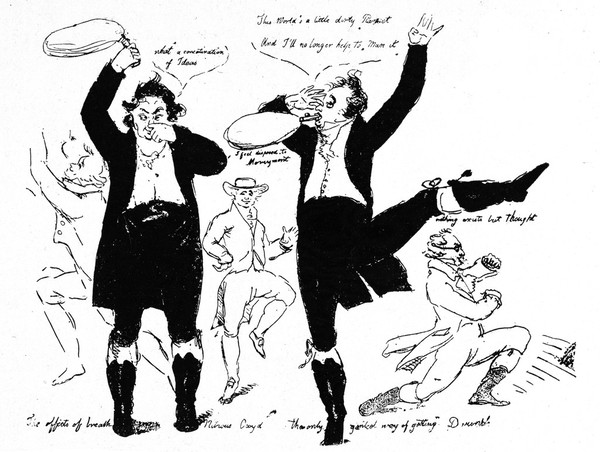 M0017951: Satirical cartoon showing the effects of inhaling nitrous oxide, 1807