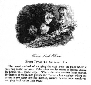 view Women coal bearers. Where the mine was not large enough for horses to work, men pushed the coal on a low carriage: where the ascent is too steep for this method, women bearers were employed carrying buckets on their backs.