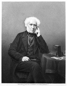 Portrait of Sir David Brewster, seated nearly whole-length, with stereoscope on the table. From "The drawing-room portrait gallery of eminent personages, illustrated news of the world", 1861