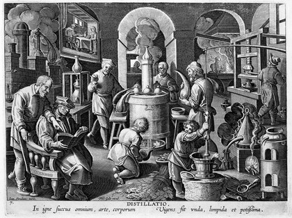 'Distillatio', scene in an alchemist laboratory