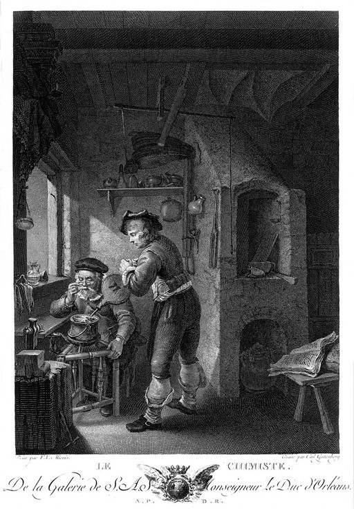 A young man blowing a bellows, while an alchemist watches through spectacles. Engraving by C. Guttenberg after F. van Mieris.