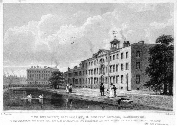 The Infirmary, Dispensary and Lunatic Asylum, Manchester, England. Line engraving by J. Davies after S. Austin.