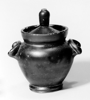 view Pyxis (for holding ointment), Campanion, South Italy, black glaze