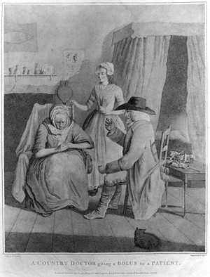 view A rural physician giving an elderly woman a tablet, which she views suspiciously, a younger woman stands smiling in the background. Colour stipple engraving by J. Cary, 1786, after H. Taylor.