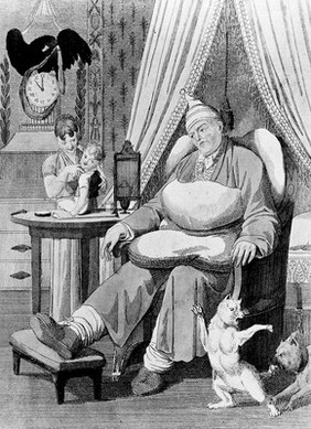 A sick man gazes in a melancholy way, while his family and pets play. Coloured etching, c. 1820.