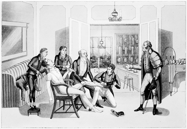 An interior of an affluent apothecary's shop - a wounded young man is being examined. Coloured aquatint attributed to M. Egerton, 1824.