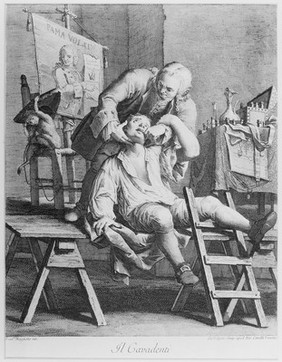 A travelling tooth-drawer extracting a tooth from an anxious patient. Engraving by G. Volpato after F. Maggiotto.