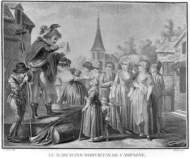 An itinerant medicine vendor selling his wares at a country market, he is assisted by an attractive woman. Colour stipple engraving by Bonnet after P. Caréme.