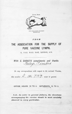 view Vaccine lymph supplied in 1888. Capillary tube together with small box and printed notice.