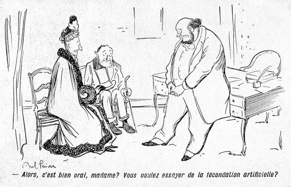 An elderly couple are advised to try artificial insemination. Process print after J.-A. Faivre, 1902.