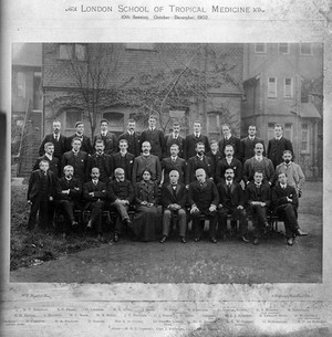 view London School of Tropical Medicine (10th Session) group portrait including Sir Patric Manson, M.C. Blair, R.F. de Boissiere, C.W. Daniels, A.H. Davies, J.T. Hancock O. Galgey, and E. Da Cunha, G. Hungerford, Sir Francis Lovell, J. Lunn, G. Lecesne, W.S. Milne, T. Hood, M. Sandeman, D. Steel, Dr. Sambon, G.D. Warren, Charles and Robert the lab assistants