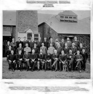 view London School of Tropical Medicine 13th sessionGroup Portrait- including Sir Patrick Manson, Dr. Sambon, G.D. Warren, H.F. Conyngham, Dr. Crombie, M. F. Ellis, L. Clifford, W.F. Holmes, A.D. Humphry, Dr. G.C. Low , G. Loader, J.E. Mitchell, J.F.G. Mayer, Dr. Ross, D. Steel, P. Rees, E.H. Read, G.R. Ruata, Major Wilson, W.J. Radford, G. Warren, and Robert (lab assistant).