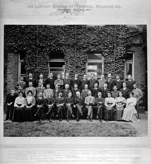 view London School of Tropical Medicine, 24th Session Group portrait- including Sir Patrick Manson, G.D. Warren, T.R. Beale Browne, C.W. Daniels, R.W. Burkitt, J. F. Fitzmaurice, D. Ross Kilpatrick, J. C. C. Ford, A. F. Forster, Q. B. de Freitas, C.A. Godson, F. Grenier, S. Gurney, G. Hamilton, Prof. Holst, Capt. F.H.G. Hutchinson, K. McMurtrie, Miss G. Mackinnon, W.F. Todd, C. Frimodt Moller, Miss C. Wilson, Miss A. Madsen, Capt. J.N. Walker, J. Phillip Ziervogel.