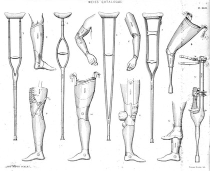 Artificial limbs and crutches, 19th century.