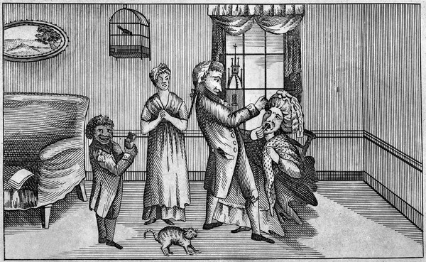 A tooth-drawer extracting a tooth from a fashionable and rich lady, while his black assistant and her white maid attend. Etching.