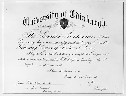 Letter to Lister from University of Edinburgh, 1878