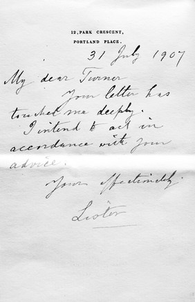 Letter from Lord Lister to Sir William Turner.