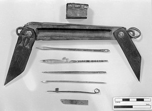 view Indian wooden case of instruments for minor operations