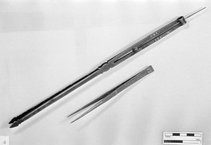 view Indian Long forceps with slide action locking device R151/1946, and a spring action forceps