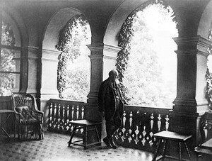 view Christian Albert Theodor Billroth on balcony of his house at St Gilgen, with inscription.