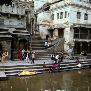 view Nepal; cremation on the Baghmati river, 1986