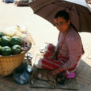 view Nepal; fruit seller in Kathmandu, 1986