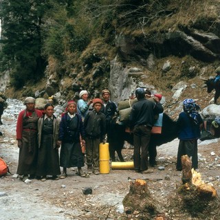 Nepal; Sherpa porters in the Khumbu, 1986. Well-dressed Sherpa porters prepare for a trekking expedition organised for a party of western vacationists. They will guide, bring up the rear, cook and strike camp. Such expeditions pay cash wages far in excess of anything Sherpas could hope to earn elsewhere and such income is invested in loans, cattle, land, tradeable articles and jewellery. Until the influx of mountaineering expeditions following Hillary's Everest climb (1953), western medicine was unknown in the Khumbu. Distribution of mainly analgesic and antibiotic drugs has led to misuse.