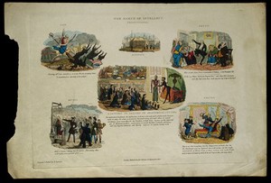 view Six examples of "the march of intellect". Coloured etching by R. Seymour, 1829.