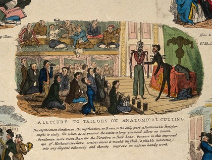 A group of dandified tailors attending a lecture, given by a grotesquely fashionable tailor, on "anatomical cutting". Coloured etching by R. Seymour after himself, 1829.