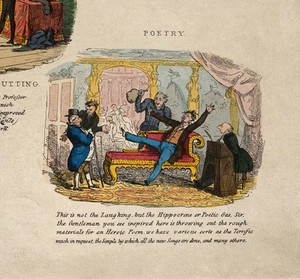 view Poets composing verse under the influence of gases specific to particular genres, analogous to laughing gas. Coloured etching by R. Seymour after himself, 1829.