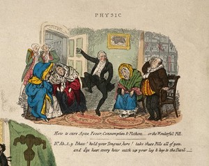 view John Abernethy, caricatured under "Physic", one of six scenes in "the march of intellect". Coloured etching by R. Seymour after himself, 1829.