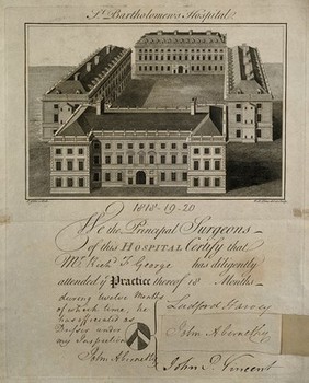 John Abernethy: his signature (with two others) appended to a print of St. Bartholomew's Hospital. Engraving by W.H. Toms after himself.