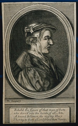 view Henricus Cornelius Agrippa von Nettesheim. Line engraving by T. Burnford, 1676.