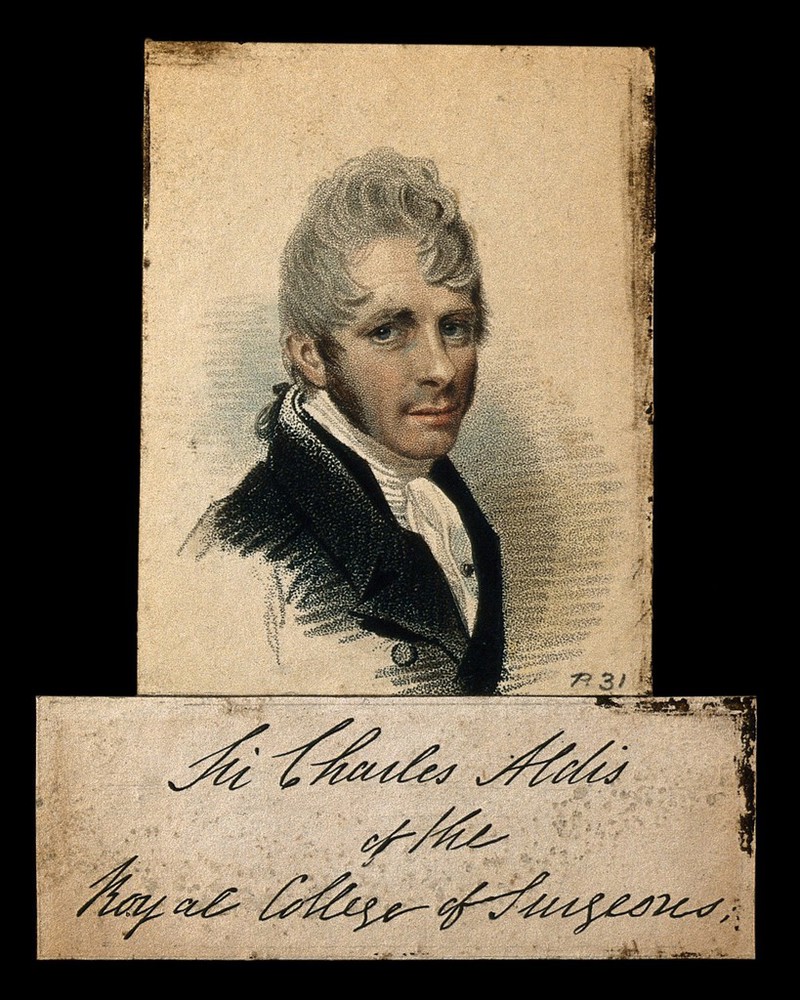 Sir Charles Aldis. Coloured stipple engraving by T. Wageman after himself., by Thomas Charles Wageman