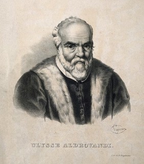 Ulisse Aldrovandi. Lithograph by P.R. Vignéron.