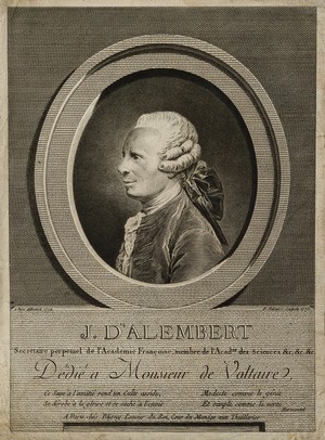 view Jean le Rond d'Alembert. Line engraving by P. Maleuvre, 1775, after A. Pujos, 1774.
