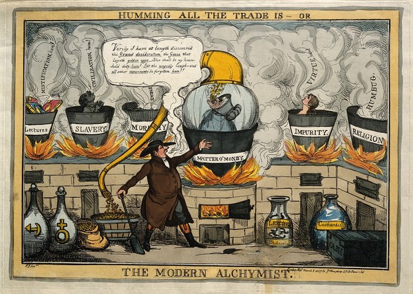 William Allen, portrayed as an alchemist with several furnaces, the one which he stokes is labelled "Matter o'money". Coloured etching by T. Jones, 1827.