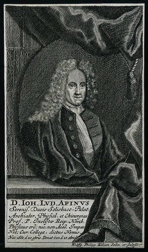 view Johann Ludwig Apinus. Line engraving by W. P. Kilian, 1728.