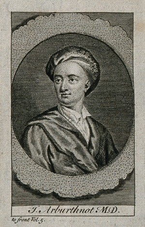 view John Arbuthnot. Line engraving after Sir G. Kneller.