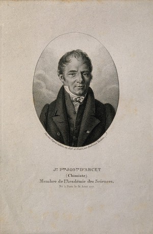 view Jean Pierre Joseph d'Arcet. Stipple engraving by A. Tardieu after himself, 1828.