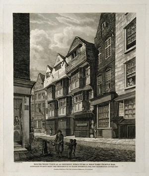 view Elias Ashmole: a house identified as his in London. Engraving after R. B. Schnebbelie, 1815.